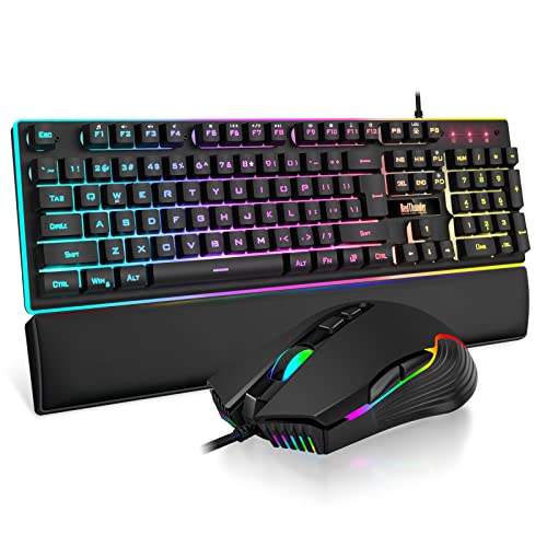 RedThunder K10 Wired Gaming Keyboard and Mouse and Wrist Rest Combo, RGB Backlit, Mechanical Feel Anti-ghosting Keyboard + 7D 7200 DPI Mice+Soft Leather Wrist Rest 3 in 1 PC Gamer Accessories(Black) - color: Black