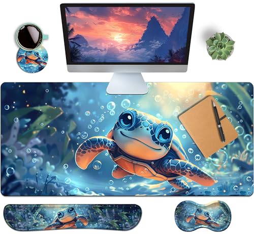4-Piece Extended Large Mouse Pad Set for Women Men with Turtle Anime Design Includes 35.4 x 15.7 XXL Large Mouse Pad Keyboard Wrist Rest Mouse Wrist Support and Coaster for Office Home - color: Turtle Anime, size: Extra XXL -35.4"X15.7"