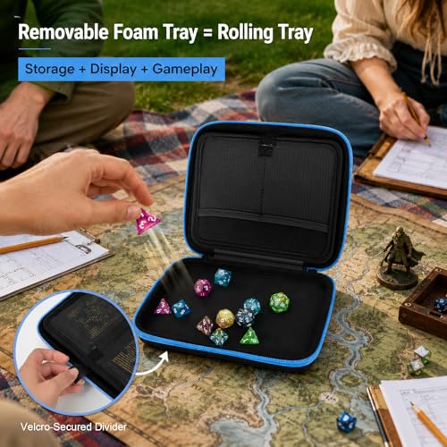 Hard DND Dice Case for 5 Polyhedral Dice Sets, Case Only | Hard shell dice case, holds 5 polyhedral sets, with removable divider and dual mesh pockets for DND/RPG game nights - color: Blue