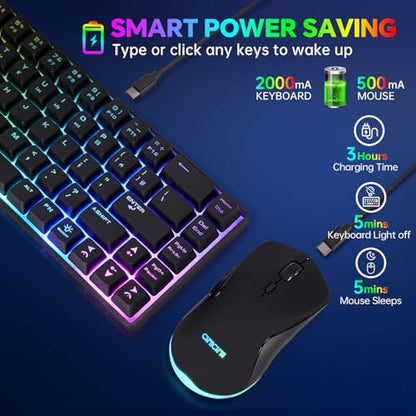 CHONCHOW 60% Wireless Gaming Keyboard and Mouse Combo,LED Backlit | Rechargeable 2000mAh Battery, Portable 68 Keys Waterproof Small Compact Keyboard Mice for PC/Mac Gamer(Wireless)