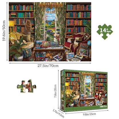 HUADADA-Cozy Library Books-Jigsaw Puzzles for Adults 1000 Pieces, Interlock Perfectly No Dust, Impossible Difficult Hard Fun 1000 Piece Jigsaw Puzzles for Adults-1:1 Poster - color: Cozy Library Books