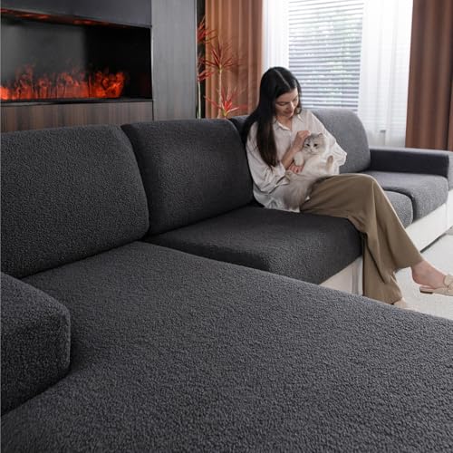 OHSIO Couch Cushion Covers for Sectional Sofa, Stretch Soft Sofa Slipcovers Washable Wear-Resistant Universal Furniture Protector for Living Room(3 Seaters Covers+1 Chaise Cover, Dark Gray) - color: Dark Gray, size: 3 Seat Covers S +1 Chaise