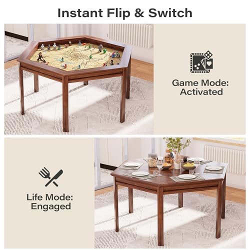 Board Game Table, 59" Hexagon Gaming Table with Removable Table Top & Play Mat for 6 Players, Includes Detachable Cup Holders and Trays for Dining, Card, DND, Poker in Walnut - size: Hex Table
