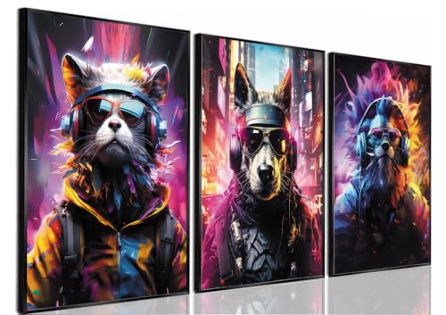 Cyberpunk Animal Gamer Framed Wall Art Poster Set of 3, 12x16 inch | Gaming Room Wall Decor, Neon Cyberpunk Animal Prints, Teen Boy Bedroom Playroom - color: Animal Gamer, size: 12"x16" Poster