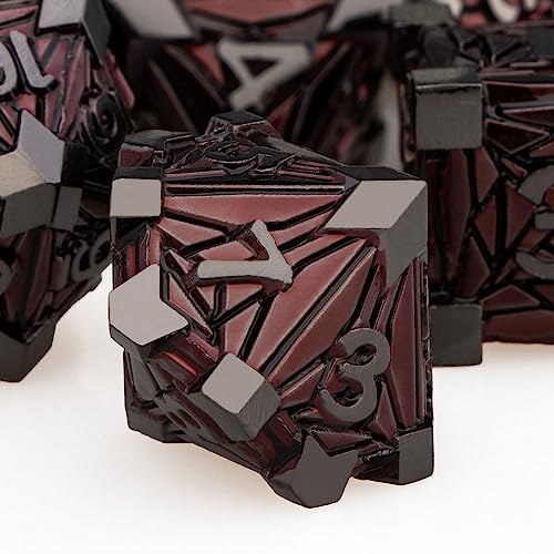 7PCS Metal DND Dice Set with Box, Debris RPG Red D and D Dice for use with D&D Tabletop Games Role Playing Game Polyhedral Dice Set D20 D12 D10 D8 D6 D4 - color: Black Red