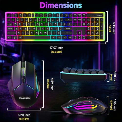 memzuoix Wired RGB Keyboard and Mouse Combo, Full-Size Keyboard with Number Pad and 6400 DPI LED Mouse, 2.4G Plug and Play Keyboard Mouse Set for PC, Laptop, Mac, Office & Gaming, Black