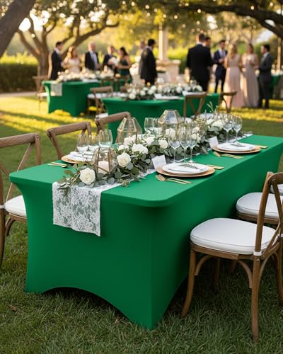 Fixwal Green Stretch Table Cloth Rectangle 2 Pack 6Ft, Spandex Fitted Table Covers Washable for Party, Trade Show, Banquet, Wedding, Buffet - color: Green, size: 6 Ft