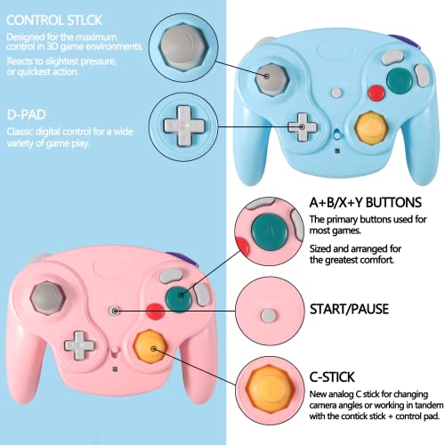 PGYFDAL Wireless Game Cube Controller, 2 Pieces 2.4G Wireless Classic Gamepad with Receiver Adapter for Wii Game Cube NGC GC (Pink and Blue) - color: Pink&Blue