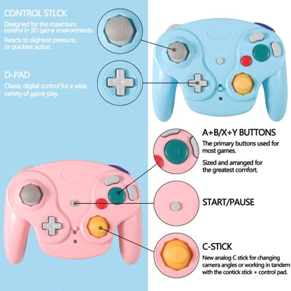 PGYFDAL Wireless Game Cube Controller, 2 Pieces 2.4G Wireless Classic Gamepad with Receiver Adapter for Wii Game Cube NGC GC (Pink and Blue) - color: Pink&Blue