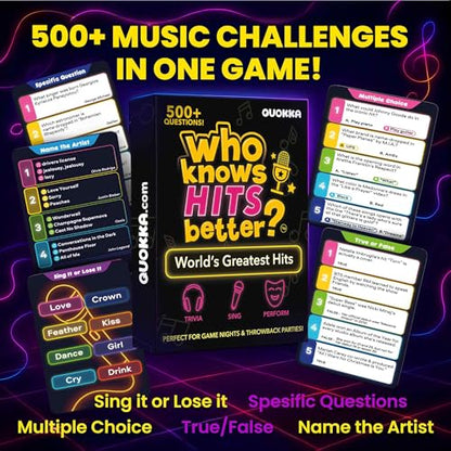 Quokka Who Knows Hits Better? 500+ Questions Music Games – The Ultimate Music Trivia Challenge for Adult & Family Party Games – Fun Singing, Karaoke & Guess-the-Song Game Night for Teens & Girls - color: Hits
