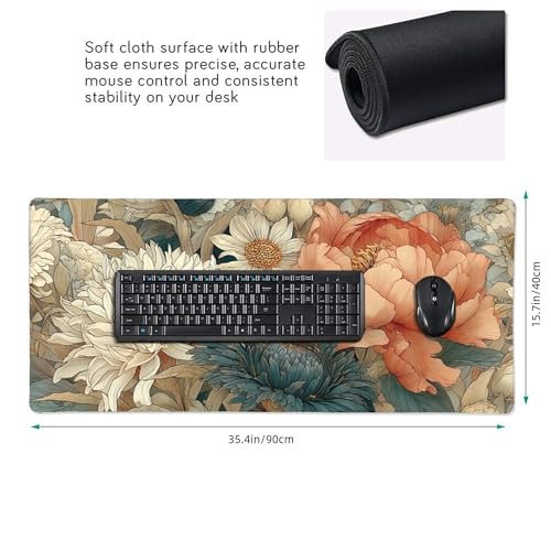 Retro Blossom Boho Floral Large Desk Pad, Anti-Slip Rubber Mouse Pad for Office and School, 35.4" x 15.7" - color: Retro Bohemian style colorful flowers