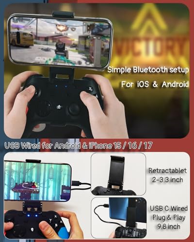 Wzuicov Wireless & Wired Gaming Controller, Bluetooth / USB Dual Mode for iPhone, Android, Switch, Switch 2, PC, TV Box, Tesla, Apple Arcade & Android Games Ready, Includes 2 USB-C Cables & Adapter