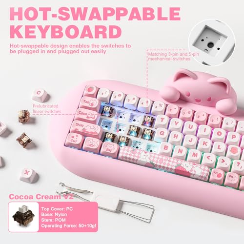 YUNZII C68 Silicone Cute Cat Mechanical Keyboard (Pink, Cocoa Cream Switch) | Wireless Triple Mode BT5.0/2.4G/Wired, RGB Backlit NKRO, Cute Cat Silicone Ergonomic Design for Win/Mac - color: Pink, size: Cocoa Cream V2 Switch