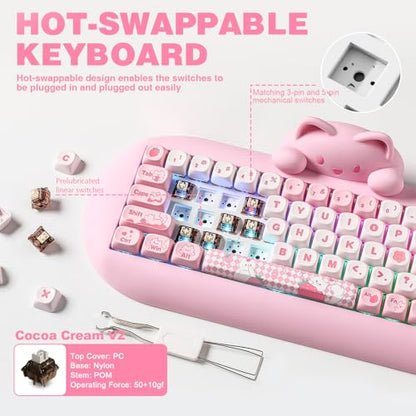 YUNZII C68 Silicone Cute Cat Mechanical Keyboard (Pink, Cocoa Cream Switch) | Wireless Triple Mode BT5.0/2.4G/Wired, RGB Backlit NKRO, Cute Cat Silicone Ergonomic Design for Win/Mac - color: Pink, size: Cocoa Cream V2 Switch