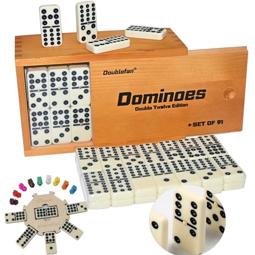 Doublefan Double 12 Dominoes for Adults, 91 Tiles with Prime Wood Case | For 2-8 players,91 Ivory Domino tiles, Metal spinners, portable wood case, family game, board game, Parent Gift choice - style: Double Twelve