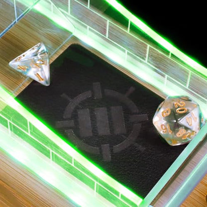 ENHANCE Tabletop LED Dice Tower with 7pc Dice Set for RPG Games - Clear Gaming Set, LED Lit Rolling Tray with Bamboo Base and Castle Tower Design, Roll Up to 14 at Once - Great for Game Night
