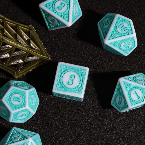 7PCs DND Dice Set, Unique Window Lattice Pattern D&D Dice Set with Leather Dice Bag, Polyhedral Dice for RPG, Table Games (Cyan/White) - color: Cyan With White Edge