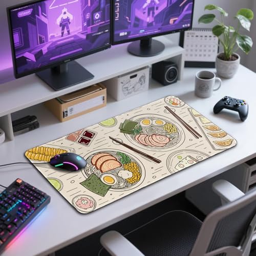 Japanese Ramen Large Gaming Mouse Pad Desk Mat XXL 31.5"x15.7" | Extended Mousepad, Non-Slip Rubber Base , Stitched Edges, for Computer/Laptop/Office/Home - color: Illustrated Food Pattern