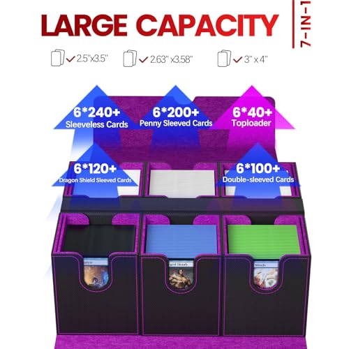 Gomyrod Card Deck Box with 4 Commander Display & Dice Tray (Black & Purple) | 7 In 1 MTG Commander Deck Box, Fits 240+ Toploader Cards, Removable Deck Case, Compatible for Magic/TCG/Sports/Baseball Cards - color: Black & Puple