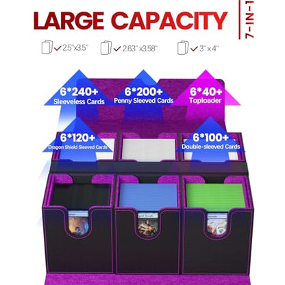 Gomyrod Card Deck Box with 4 Commander Display & Dice Tray (Black & Purple) | 7 In 1 MTG Commander Deck Box, Fits 240+ Toploader Cards, Removable Deck Case, Compatible for Magic/TCG/Sports/Baseball Cards - color: Black & Puple