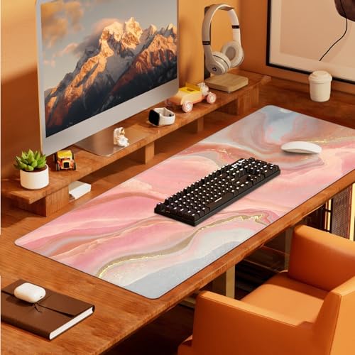 Baziabbo Cute Desk Mat,XXL Extended Large Mouse Pad,Gaming Mousepad with Stitched Edge,Non-Slip Rubber Base Keyboard Desk Pad for Home Office Study Game (Pink Marble) - color: Pink Marble
