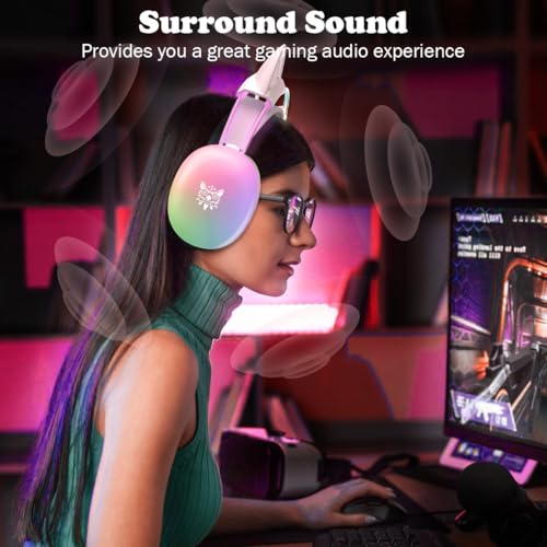 Cat Ear Gaming Headset with Microphone, RGB Rainbow Lighting, Surround Sound, 3.5mm Wired Over-Ear Headphones for PC/PS4/PS5/Switch/Laptop, Lightweight and Adjustable Headband - color: White Cat Ears