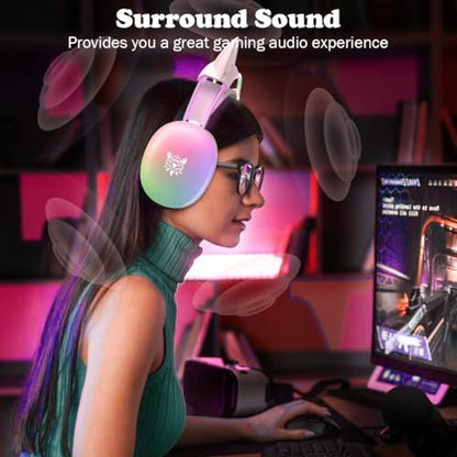Cat Ear Gaming Headset with Microphone, RGB Rainbow Lighting, Surround Sound, 3.5mm Wired Over-Ear Headphones for PC/PS4/PS5/Switch/Laptop, Lightweight and Adjustable Headband - color: White Cat Ears