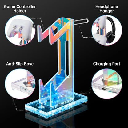 NiHome Controller Holder & Headphone Stand, LED Acrylic 2-Tier Gaming Desk | USB-Powered 7 Colors 3 Modes, Anti-Slip Headset Cable Management, Gamer Gift For PS5 Xbox - size: 2-Tier