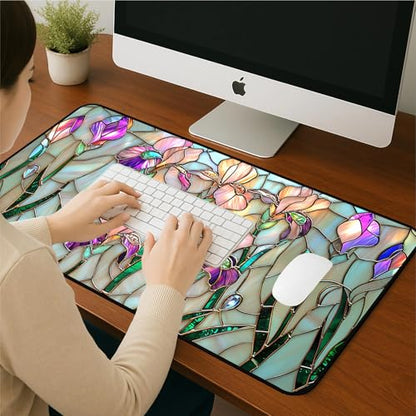 Colorful Flower Desk Mat Mouse Pad XXL, Plant Extended Large Game Mouse Pads, Desktop Mat Computer Laptop Keyboard Mat, Women's Desk Protector Mat,Desk Matt Office 31.5"X15.7" - color: Iris Flower