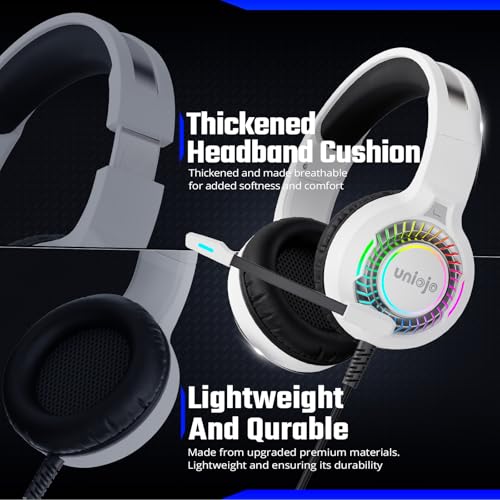 White Gaming Headset for PS5, PS4, PC, Xbox Headset with Noise-Canceling, 7.1 Surround Sound, RGB Light, Memory Foam Ear Pads, Wired Over-Ear Headphones for Xbox Series X/S, Switch