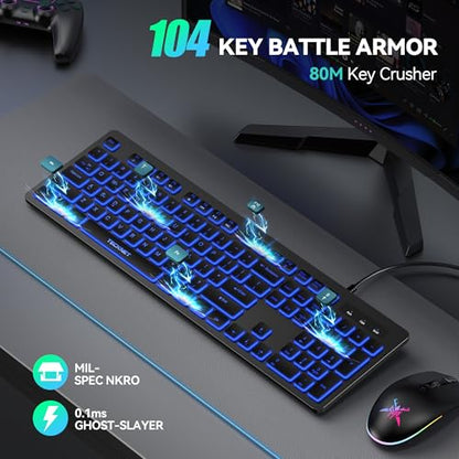TECKNET Wired Keyboard,Silent USB Keyboard for Office,Spill-Resistant,Slim Full-Size Membrane Layout,Plug and Play for PC/Laptop/Mac-RGB Backlit