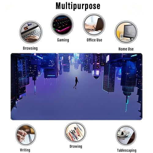 Anime Desk Mat XXL Gaming Mouse Pad, Extended Keyboard Mat, Full Desk Accessories, 31.5"x15.75" - color: Blue-purple City