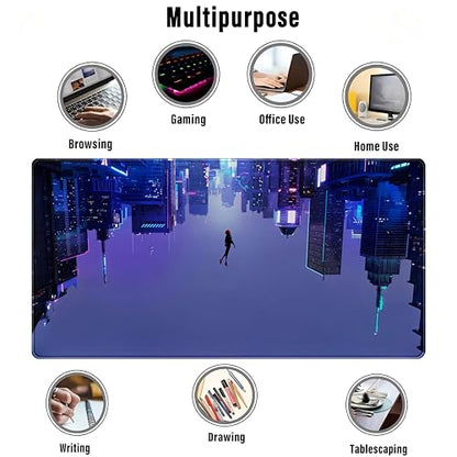 Anime Desk Mat XXL Gaming Mouse Pad, Extended Keyboard Mat, Full Desk Accessories, 31.5"x15.75" - color: Blue-purple City