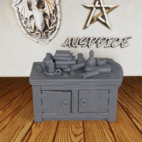 AUSPDICE Alchemy Lab & Scholar Study Cabinets 28mm Unpainted DND Terrain | Miniature Furniture for Dungeon Masters: 2 Cabinets with Books, Scrolls, Potions and an Open Tome for TTRPG Rooms - AS691