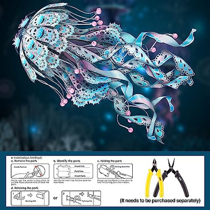 Piececool 3D Puzzles for Adults, Jellyfish Night Light with USB Plug, Ocean Animals 3D Metal Model Building Kits, Hobbies DIY Assembling Arts and Crafts - color: Blue