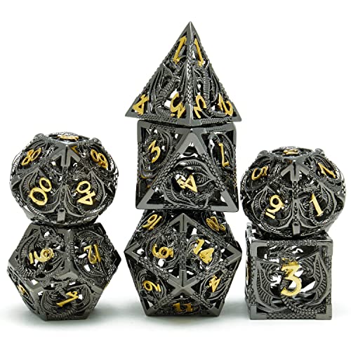 Metal DND Dragon Dice Set Dungeons and Dragons for Role Playing Games (RPG) MTG Pathfinder Tabletop Games(Black Gold) - color: Black/Gold