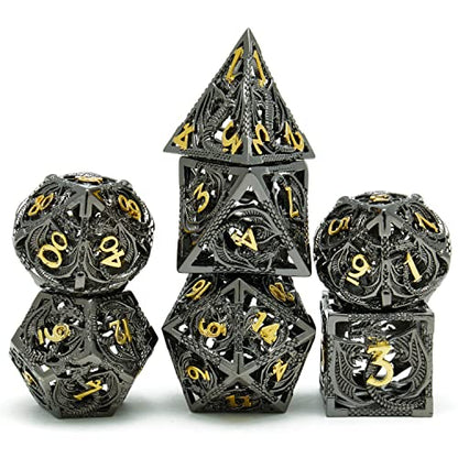 Metal DND Dragon Dice Set Dungeons and Dragons for Role Playing Games (RPG) MTG Pathfinder Tabletop Games(Black Gold) - color: Black/Gold