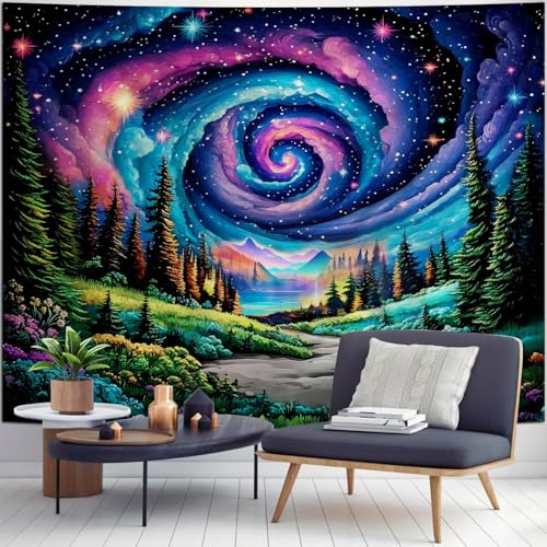Apdidl Space Forest Tapestry for Bedroom, Nature Galaxy Sky Wall Tapestries | Green Colorful Starry Stars Night Wall Hanging, Mysterious Nebula Mountain Landscape Backdrop Decor for Living Room 51"X60" - color: Forest Galaxy Tapestry, size: 60"L x 51"W