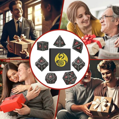 Metal Dice Set, Dragon Eye Theme, 7pcs Polyhedral Metal DND Dice Set, DND Starter Set, D&D Gifts with Gift Box, Role Playing Board Games Accessories, Red Black Silver - color: Red Black Silver With Gift Box