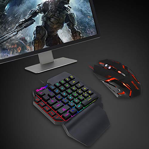 One Hand RGB Gaming Keyboard and Backlit Mouse Combo, USB Wired Rainbow Letters Glow Single Hand Mechanical Feeling With Wrist Rest Support, Gaming Set for Game