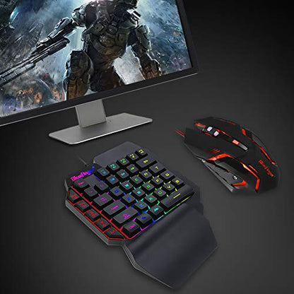 One Hand RGB Gaming Keyboard and Backlit Mouse Combo, USB Wired Rainbow Letters Glow Single Hand Mechanical Feeling With Wrist Rest Support, Gaming Set for Game