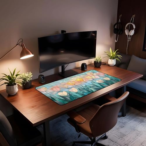 Faux Colorful Glass Desk Mat, Tulip Long Mouse Pad, Large Gaming Computer Keyboard Mats, Soft Full Deskamt, Office Desktop Cover Pad, Aesthetic Desk Accessories, Suitable Women 31.5"X15.7" - color: Yellow Tulip