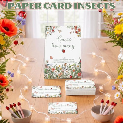 Ladybug Garden Guess How Many Baby Shower Game Pack of 1 Tabletop Sign with Stand and 50 How Many Cards, Wildflower Insect Themed Party Game Decorations - style: Ladybug Garden