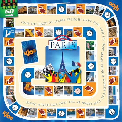KLOO Learn French Board & Card Game Race to Paris | Fun for Family Kids Adults School | Play & Talk French Language | 4 Decks, Speak 100's of Words & Vocabulary in a Flash | Boardgame, 1–4 Players