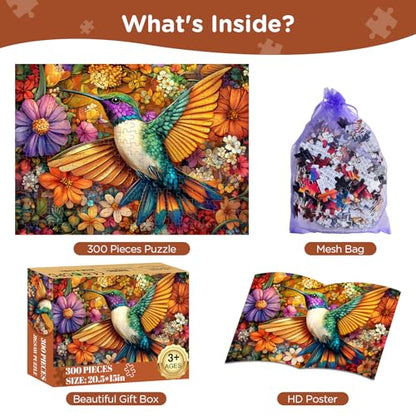 Adult Puzzles 300 Pieces, Hummingbird Floral Jigsaw Puzzles for Kids Adults Seniors 300 Pieces, Glossy Sturdy Vibrant Puzzle 300 Piece, Challenging Puzzle Great Gift for Family Friends - style: Hummingbird
