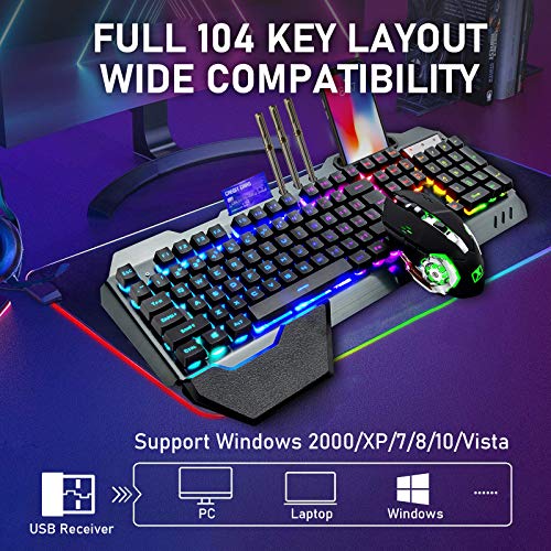 Wireless Membrane RGB Gaming Keyboard and Mouse with Rainbow Backlit-Black | Rechargeable 4800mAh Battery,Metal Panel,Ergonomic,Waterproof,Dustproof,7 Color Mute 2400 DPI Mice for Computer PC Mac Gamer - color: Black RGB