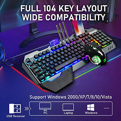 Wireless Membrane RGB Gaming Keyboard and Mouse with Rainbow Backlit-Black | Rechargeable 4800mAh Battery,Metal Panel,Ergonomic,Waterproof,Dustproof,7 Color Mute 2400 DPI Mice for Computer PC Mac Gamer - color: Black RGB
