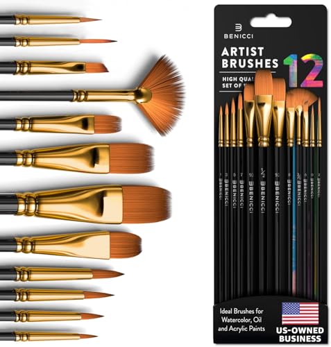 Professional Artist Paint Brush Set of 12 - Painting Brushes Kit for Kids, Adults Fabulous for Canvas, Watercolor & Fabric - for Beginners and Professionals - Great for Water, Oil or Acrylic Painting
