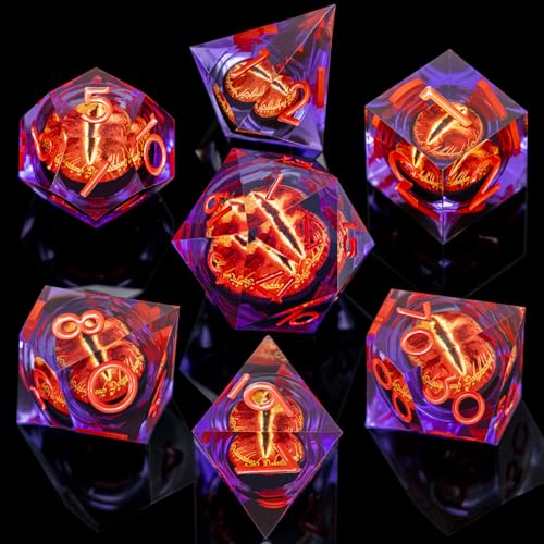 ARUOHHA DND Resin Dice Gazes Eye Dice Purple Red Liquid Core Flaming RPG Sharp Edged Dice Set with Gift Box, Polyhedral D and D Dice Set Compatible with Dungeons Dragons Role Playing Game D20 D6 - color: Sl01-purple Red