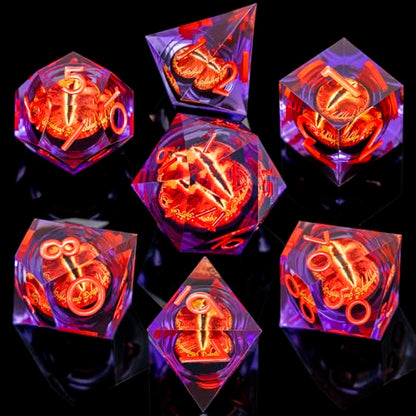 ARUOHHA DND Resin Dice Gazes Eye Dice Purple Red Liquid Core Flaming RPG Sharp Edged Dice Set with Gift Box, Polyhedral D and D Dice Set Compatible with Dungeons Dragons Role Playing Game D20 D6 - color: Sl01-purple Red
